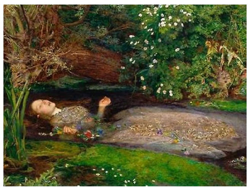 A painting of a young woman floating in a stream, surrounded by dense foliage and flowers. She appears serene, with her eyes closed and hands gently submerged in the water. This classic art poster captures the lush scene on high quality 250gsm satin paper, perfect for A3 posters from Blue Dog Posters titled Ophelia Everett Millais.