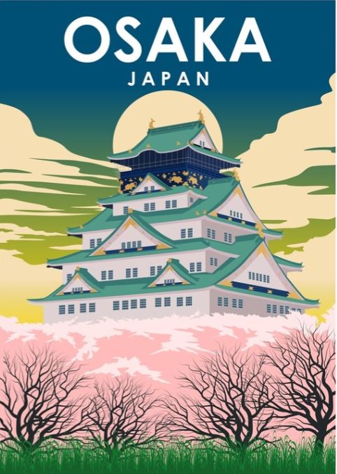 Osaka Japan by Jorn Van Hezik, offered by TAP, showcases an illustration of Osaka Castle in Japan. The artwork evokes the charm of vintage advertising art prints with its depiction of a tiered pagoda-style roof adorned with green and gold accents. Set against the backdrop of a setting sun and encircled by blooming cherry blossoms and bare trees, it features the text 'OSAKA JAPAN.' This piece is ideal for travel prints on semi-gloss poster paper.