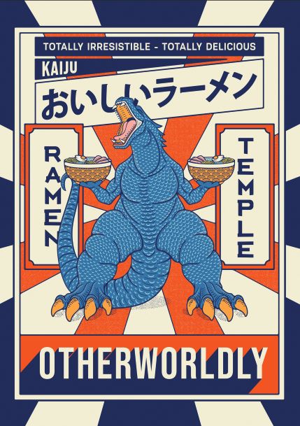 The Ramen Temple Dragon A5 Print from the A5 brand features a large blue kaiju holding two bowls of ramen. The text reads, "Totally Irresistible - Totally Delicious," "Kaiju," "おいしいラーメン," "Ramen Temple," and "Otherworldly." The bold, artistic design makes it perfect for small spaces as mini prints.