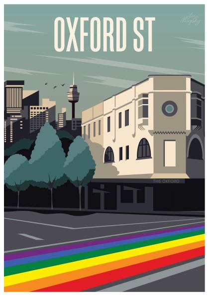 Stylized illustration of Oxford Street, part of the Featured Artists Collection, showcasing a prominent building with arched windows in the foreground and city skyscrapers in the background. A colorful rainbow crosswalk spans across the street, symbolizing LGBTQ+ pride. Available as an Oxford street - Liza Murphy on high quality 250gsm Satin Paper by fap.