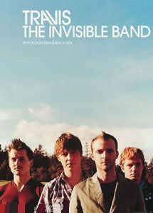 Four men stand against a backdrop of a clear sky and outdoors, with text above them reading "Travis The Invisible Band" and the website "www.travisonline.com." They appear to be members of the band, captured perfectly for fans of rock posters or any music collection. This iconic image is part of the MUS brand.