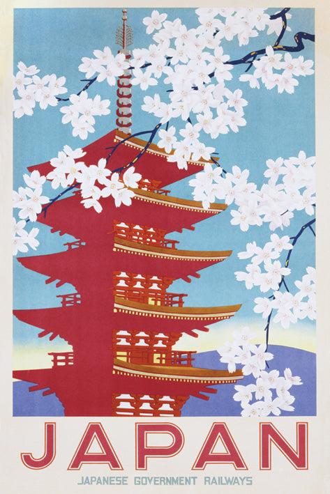 A vintage travel poster promoting Japan from the Scenic Collection showcases a red pagoda surrounded by white cherry blossoms against a backdrop of a clear blue sky. The words "Japan Railways Blossom" and "NAT 026" are printed at the bottom in bold letters. A perfect addition to any Nature Poster collection.