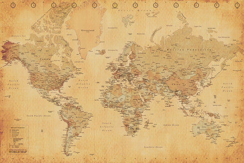The EDU 024 World Map Vintage Style is an antique-style poster that features continents, countries, and cities in sepia tones. It includes various geographical details and clearly marked place names on premium 150gsm gloss paper, complemented by a vintage parchment background for a historical look. This map makes an excellent addition to any educational collection.