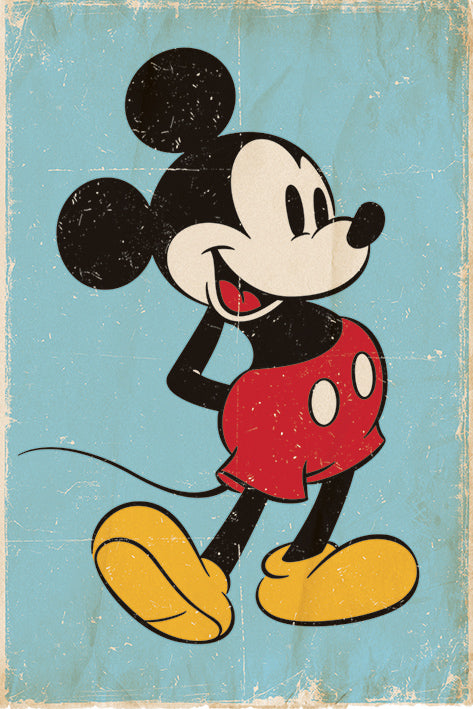 A vintage-style kids movie poster of Mickey Mouse, featuring the character in his classic attire: red shorts with two white buttons, yellow shoes, and white gloves. Mickey is smiling and walking against a light blue, distressed background. The **Mickey Mouse Retro** by **MTV 350** is printed on premium 150gsm gloss paper for a high-quality finish.