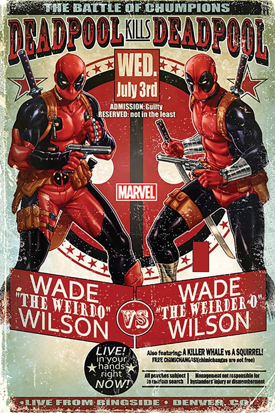 A vintage-style poster titled "Deadpool - Wade Vs Wade" from MTV 221 showcases "Deadpool Kills Deadpool" in distressed text. It features two Deadpools, both labeled Wade "The Weirdo" Wilson, standing with swords and promoting a fight on July 3rd. The event is held live in Denver and includes additional quirky acts under a prominent Marvel MCU Poster logo. This piece is perfect for any Movies & TV Collection.