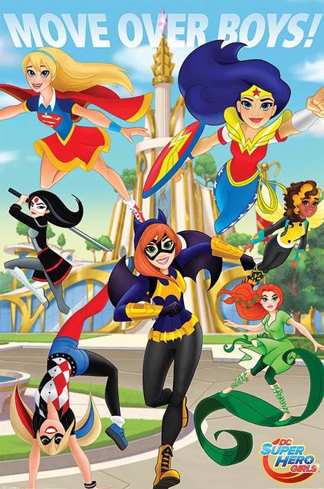 An illustration of several female superheroes in action poses, printed on premium 150gsm gloss paper. Characters include Supergirl, Wonder Woman, Batgirl, Poison Ivy, Harley Quinn, and Katana. The text "MOVE OVER BOYS!" is displayed at the top with the "DC Super Hero Girls" logo at the bottom right. Ideal for any KID 061 DC Superhero Girls Poster collection!