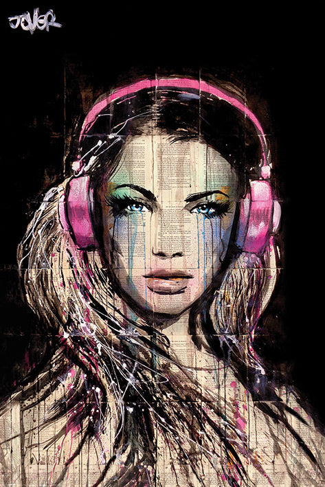 The ART 025 "Loui Jover (DJ Girl)" poster features a woman with long hair, blue eyes, and pink headphones, her colorful face set against textured newspaper. Printed large on premium 150gsm gloss paper.