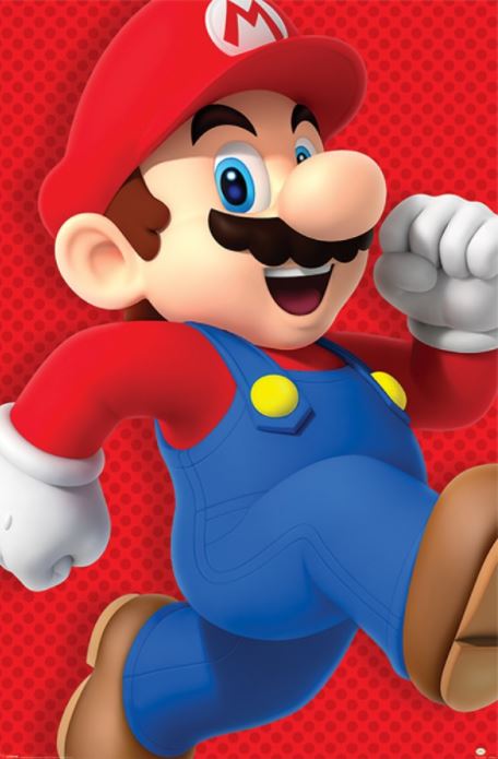 The Super Mario - Run Gaming Poster by GAM 002 features an iconic image of Mario, a beloved character from the Super Mario video game series. He is depicted in his signature red hat with an 'M', red shirt, blue overalls, white gloves, and brown shoes. This high-quality poster captures Mario mid-jump against a vibrant red, dotted background, making it a perfect addition to any gaming collection.
