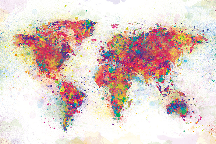 A colorful, abstract world map poster, the World Map Colour Splash by EDU 037, is created using splashes of paint in vibrant hues like red, green, yellow, and blue. The continents are depicted with a scatter of dots and splashes on 150gsm gloss paper, merging and overlapping against a light background for an educational collection piece.