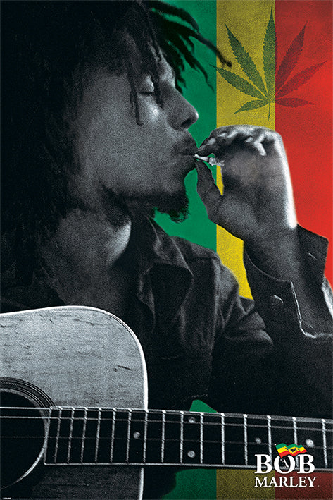 A black-and-white photo of a person playing guitar, set against a background featuring the Rastafarian colors red, yellow, and green. A large cannabis leaf is displayed in the top right corner and "Bob Marley" is written at the bottom. Perfect for your Music Collection, printed on premium 150gsm gloss paper. The product is called Bob Marley Smoke by MUS 033.