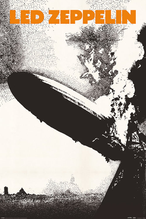 MUS 346's striking Led Zeppelin rock poster captures the dramatic Hindenburg disaster in black and white, with an orange "LED ZEPPELIN" title at the top. Featuring the airship engulfed in flames and descending toward the ground, this poster is a must-have for any serious music collection.