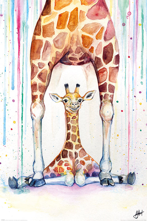 A colorful watercolor poster titled "Marc Allante Giraffe" by ART 022 depicts a baby giraffe sitting with its legs splayed between the legs of a larger giraffe. The background features vibrant drips and splashes of paint, adding to the playful atmosphere of this art & decor piece.