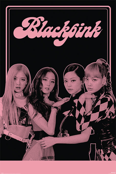 A high-quality MUS 272 music poster features four women standing closely together against a black and pink background, with "Blackpink" written in large cursive text at the top.