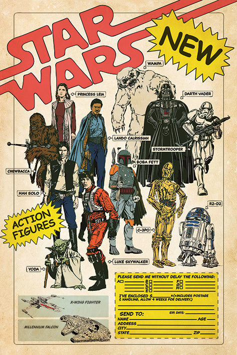 Vintage-style "Star Wars Action Figures" advertisement featuring characters including Princess Leia, Han Solo, Chewbacca, Luke Skywalker, Darth Vader, Yoda, Lando Calrissian, Boba Fett, C-3PO, R2-D2, and a Stormtrooper. Text offers details for ordering the figures from MTV 262. Perfect for any Movies & TV Collection!