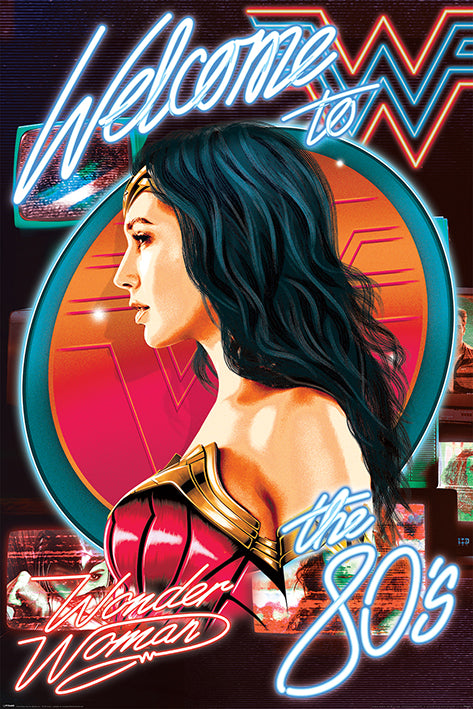 An illustrated poster features Wonder Woman in her iconic red and gold outfit, set against a vibrant background of neon colors and retro symbols. This high-quality MTV 248 Wonder Woman 1984 Poster reads "Welcome to the 80's" and "Wonder Woman," with a neon WW logo in the background, perfect for any Movies & TV Collection.