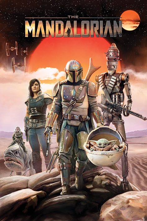 Artwork featuring characters from "The Mandalorian" show. The central character in Mandalorian armor is flanked by a humanoid and a robot. A child alien in a floating cradle is in the foreground, set against a desert scene with twin red suns and the show's title. Perfect for any Movies & TV Collection or as a large regular poster.
Product Name: Star Wars: The Mandalorian (Group)
Brand Name: MTV 129