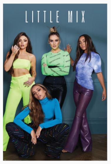 Four women pose confidently in stylish outfits against a dark green wall. The text "Little Mix - Group" by MUS 255 is displayed above them like a striking pop poster. From left to right, the first wears a neon green two-piece set, the second a green top with black pants, the third a tie-dye top with purple pants, and the fourth a blue turtleneck with patterned pants.