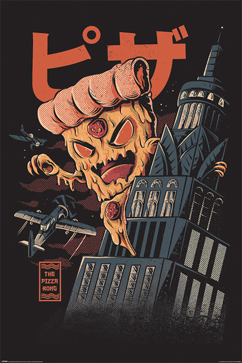 The "Pizza Kong - Ilustrata" by ART 071 features a giant pizza monster scaling a skyscraper, echoing classic urban art posters from vintage movies. With pepperoni eyes and miniature airplanes attacking, Japanese text adds comic flair, ideal for large regular posters in art and decor collections.