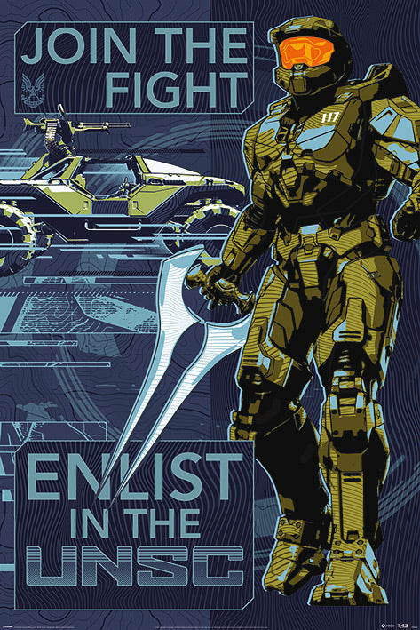 A futuristic soldier in armor wielding a large energy sword stands prominently on the high-quality "Halo - Join the Fight" gaming poster by GAM 057. The background features military vehicles with the text "JOIN THE FIGHT" and "ENLIST IN THE UNSC." Printed on premium 150gsm gloss paper, it boasts a primarily dark blue and yellow color scheme.