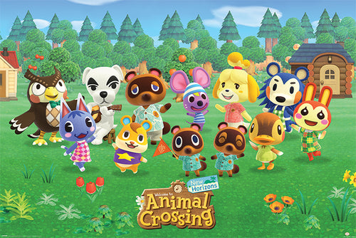 A colorful group of anthropomorphic animal characters from Animal Crossing: New Horizons standing together in a grassy area with trees and houses in the background. The game's logo is at the bottom center of the image, making it a must-have *Animal Crossing* for your GAM 064 Collection.
