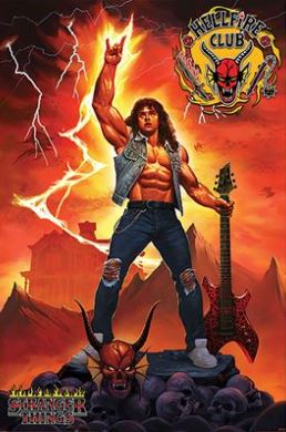 A muscular figure stands triumphantly on rocks, clad in a denim vest and jeans, flashing a rock hand gesture. Behind him, lightning strikes near a sinister house. A red guitar rests by his side. This striking image, featuring "Hellfire Club" and "Stranger Things" logos, is printed on premium 150gsm gloss paper under the brand MTV 012's product name: Stranger Things Hellfire Club.