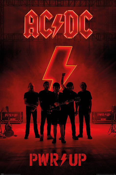 Five silhouetted band members stand before a red lightning bolt, with “AC/DC” and "Power Up" glowing above and below. This vivid MUS rock poster is ideal for any music lover’s collection.