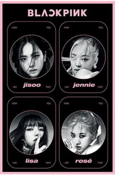A large, premium gloss paper poster named "Blackpink – How You Like That" by brand MUS 038 features black-and-white portraits of BLACKPINK's four members, Jisoo, Jennie, Lisa, and Rosé. Each member's portrait is framed in a circle with their names written in pink beneath their respective images. The BLACKPINK logo is displayed at the top.