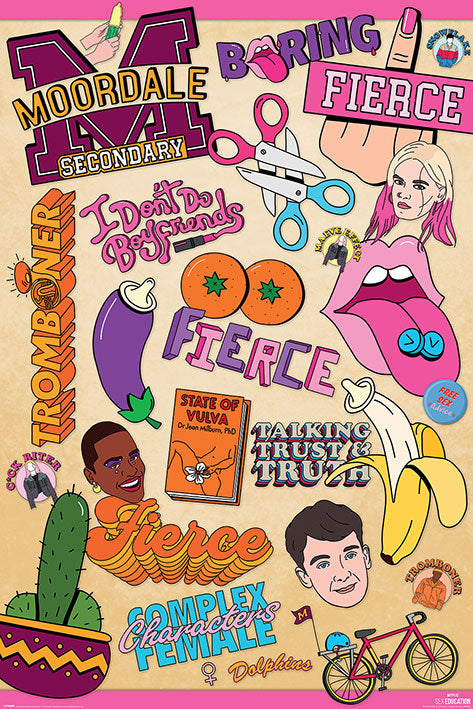 Designed on premium 150gsm gloss paper, this vibrant TV show poster, "Sex Education (Infographic)" by MTV 161, features a colorful collage with phrases like "MoorDale Secondary," "Boring," "Fierce," and "I Don’t Do Boyfriends," along with illustrations of scissors, lips, a cactus, a banner saying "Complex Characters," and various characters’ faces.