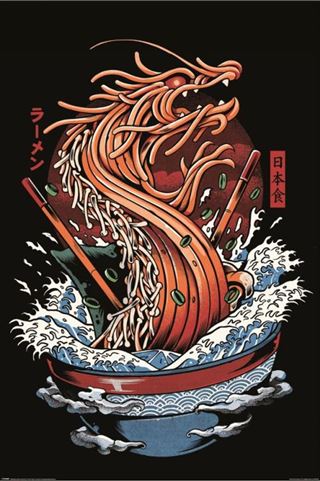 Introducing Ramen Dragon - Ilustrata by ART 076: This Urban Art Poster showcases an artistic depiction of a ramen dragon emerging from a bowl. The dragon is creatively crafted from noodles, with chopsticks and green onion toppings seamlessly integrated into the design. Dynamic waves surround the bowl, enhancing the vibrant aesthetic. Japanese text reads "ramen" and "Japanese food.