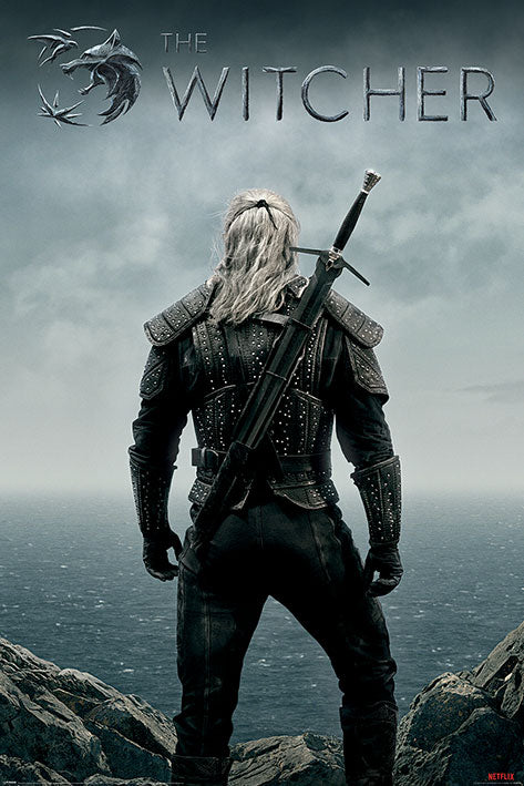 A man with long white hair and a sword on his back stands on rocky cliffs facing the sea, clad in dark armor. Above him, The Witcher and MTV 163 logos appear in this striking TV show poster.