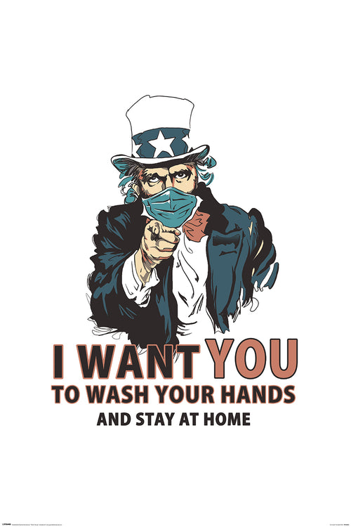 Illustration of Uncle Sam wearing a face mask and pointing towards the viewer. The text below reads, "I WANT YOU TO WASH YOUR HANDS AND STAY AT HOME." This alternative poster by ALT, part of the Vincent Trinidad (Wash Your Hands) Life & Humour Collection, promotes health and safety measures during a pandemic on premium gloss paper.