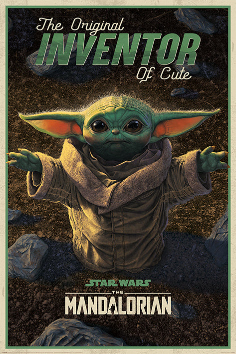 The MTV 368 "The Mandalorian Inventor Of Cute" poster from the Movies & TV Collection showcases a character from "The Mandalorian" series known as "The Child" or "Baby Yoda," featuring large ears, green skin, and expressive eyes. The text at the top reads "The Original Inventor of Cute," while the bottom displays "Star Wars: The Mandalorian.