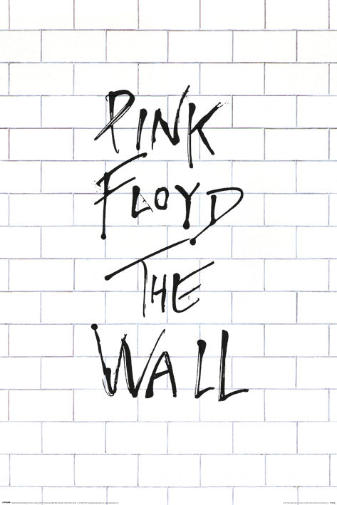 A white brick wall design, featuring hand-drawn black ink writing that reads "Pink Floyd the Wall," is vertically aligned with "Pink Floyd" on top and "The Wall" below. This simplistic yet iconic design from MUS 162 is a must-have addition to any music collection, especially for fans of rock posters.