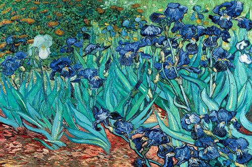 The ART 100 collection now features a vibrant and classic art poster titled "Van Gogh (Les Irises)." This stunning piece showcases lush blue irises in full bloom, with bold, swirling strokes of green leaves and stems set against a backdrop of assorted flowers under a sunny sky.