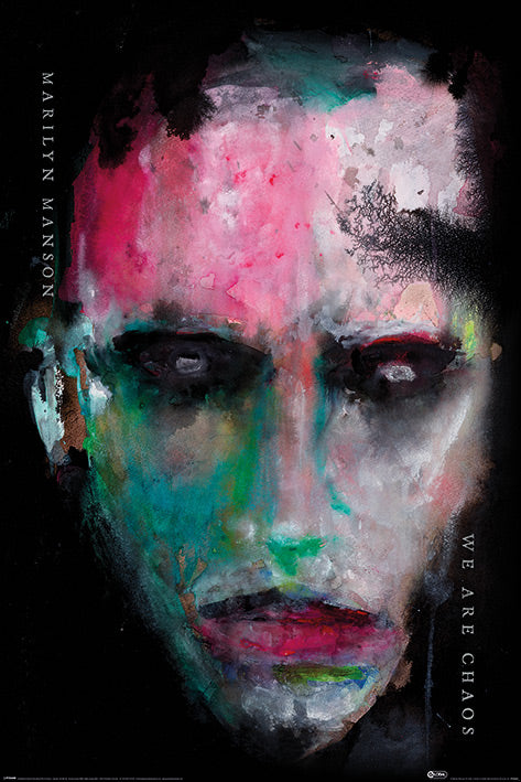 Abstract and eerie painted portrait of a face featuring intense, dark eyes and vibrant shadows. The dark background seamlessly blends with hues of green, pink, and white on the face. Text reads "Marilyn Manson" on the left and "We Are Chaos" on the right. This piece is the perfect addition to any rock poster music collection, printed on premium 150gsm gloss paper under the brand name MUS 135.
