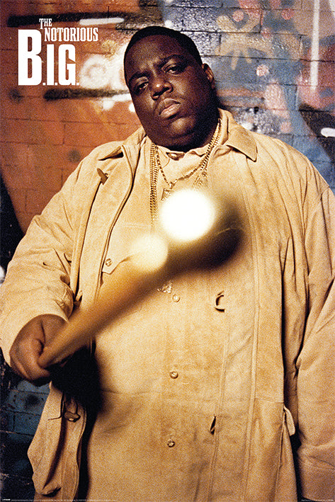 A man wearing a beige trench coat points a baseball bat towards the camera, standing against a graffiti-covered wall. Text in the top left corner reads "The Notorious BIG." The ideal addition to any hip hop poster or music collection from MUS 214.