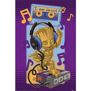 An animated image of Baby Groot joyfully dancing while wearing large headphones connected to a vintage cassette player. Above Groot is a cassette tape with the label "I am Groot." Musical notes surround him, emphasizing the lively and musical mood. The Guardians of the Galaxy Groot Cassette, from brand MTV 111, is perfect for any Movies & TV Collection and printed on premium gloss paper.