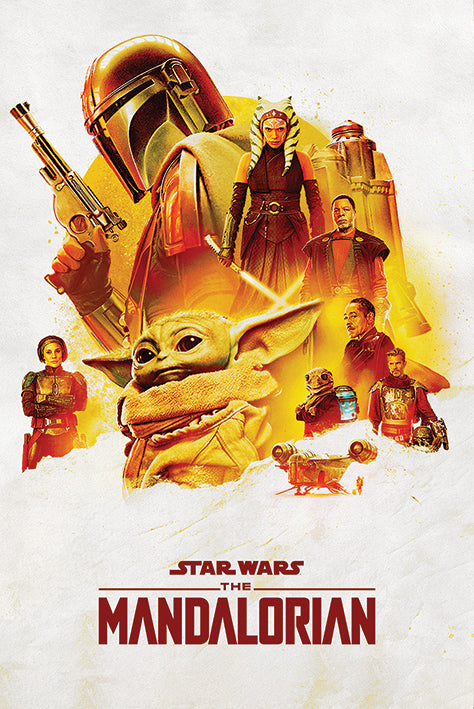 A vibrant TV show poster for *The Mandalorian (Adventure)* by MTV 363 features key characters, including the helmeted Mandalorian holding a blaster, Baby Yoda (Grogu), and others. Printed on premium 150gsm gloss paper, the background boasts a yellow-orange hue with the show's title at the bottom.