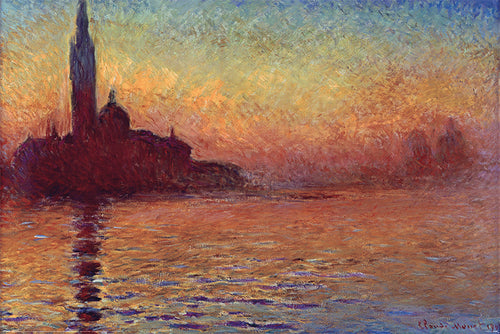 The ART Claude Monet San Giorgio Maggiore Dusk Classic Art Poster features Monet's Impressionist depiction of Santa Maria della Salute at sunset in Venice. Warm oranges and soft blues reflect on rippling water, elegantly printed on premium 150gsm gloss paper.