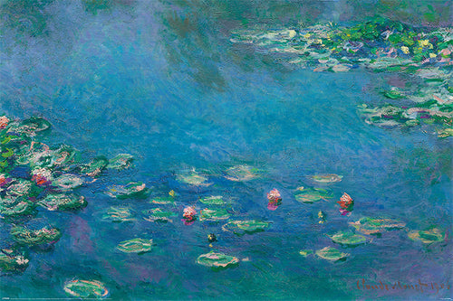 The "Claude Monet Waterlillies" poster by MEZ 115 showcases a serene pond adorned with lily pads and pink flowers drifting on the water's surface. As part of the Art & Decor Poster Collection, this piece is distinguished by its vibrant blue and green hues and expressive brush strokes, perfectly capturing the tranquil beauty of a water garden.