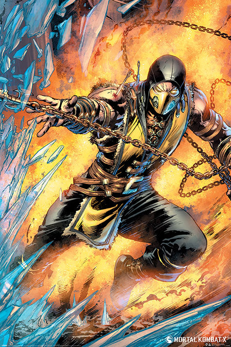 A high-quality gaming poster from GAM 015 showcases Scorpion, the masked and armored character, in a striking yellow and black outfit leaping through a fiery background while brandishing chains with spear-like tips. Shards of ice or crystals on the left provide a dramatic contrast to the flames. Printed on premium gloss paper, the Mortal Kombat X logo is prominently displayed at the bottom right.