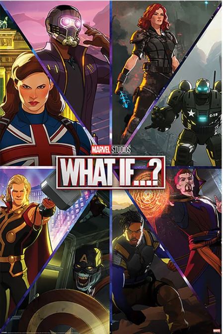 The Marvel MCU poster titled "What If - Shattered Realities" from MTV 370 showcases alternate versions of iconic characters like Captain Carter, Star-Lord T'Challa, Black Widow, Doctor Strange, Thor, Killmonger, and Iron Man. The title "What If - Shattered Realities" is prominently featured in the center as part of your Movies & TV Collection.