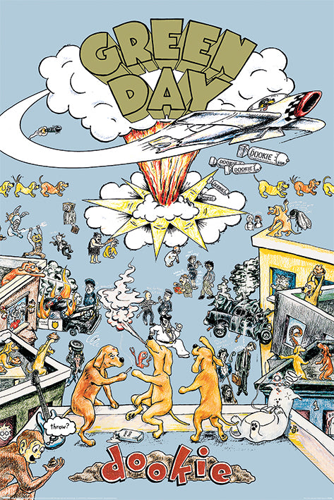 The Green Day Dookie album cover by MUS 210 is a must-have for any music collection, featuring a cartoon-style design with an exploding airplane and a chaotic street scene filled with various characters and animals. The title "Green Day" is displayed in green bubble letters at the top, while "dookie" is written in graffiti-style text at the bottom in red and brown.
