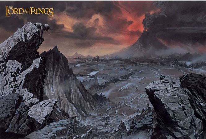 The hit movie poster for "Lord of The Rings Mount Doom" by MTV 394 depicts an ominous landscape, featuring jagged mountains and a dark, volcanic peak erupting fiery lava. The sky is a foreboding mix of red and black, casting an eerie glow over the desolate terrain below.