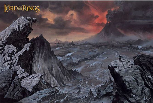The hit movie poster for "Lord of The Rings Mount Doom" by MTV 394 depicts an ominous landscape, featuring jagged mountains and a dark, volcanic peak erupting fiery lava. The sky is a foreboding mix of red and black, casting an eerie glow over the desolate terrain below.