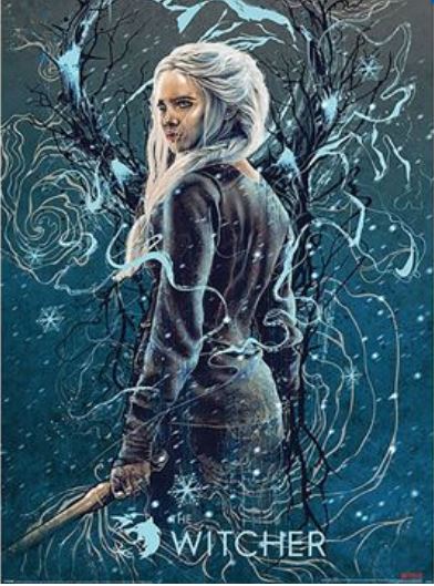 An illustration of a woman with long white hair holding a sword, surrounded by a mystical, swirling design. The background features a magical theme with branches and snowflakes, ideal for a TV Show Poster. The text reads "The Witcher Ciri The Sparrow," perfectly capturing the essence of the Movies & TV Collection by MTV.