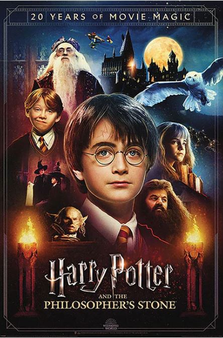 The "Harry Potter 20 Years of Movie Magic" official poster from MTV 398 showcases Harry Potter in the center, encircled by key characters and iconic elements. The background features Hogwarts castle, an owl, and a golden snitch. Text at the top reads "20 Years of Movie Magic." Printed on premium 150gsm gloss paper.