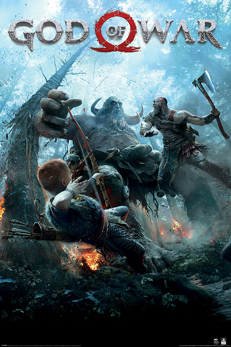 The cover art for the video game "PlayStation God of War" by GAM 028 depicts two characters, a muscular man with an axe and a boy with a bow, battling a massive ogre in a snowy, forested environment. This gaming poster features high-quality printing on premium 150gsm gloss paper. The title "God of War" is emblazoned at the top, with the "O" stylized as a unique symbol.