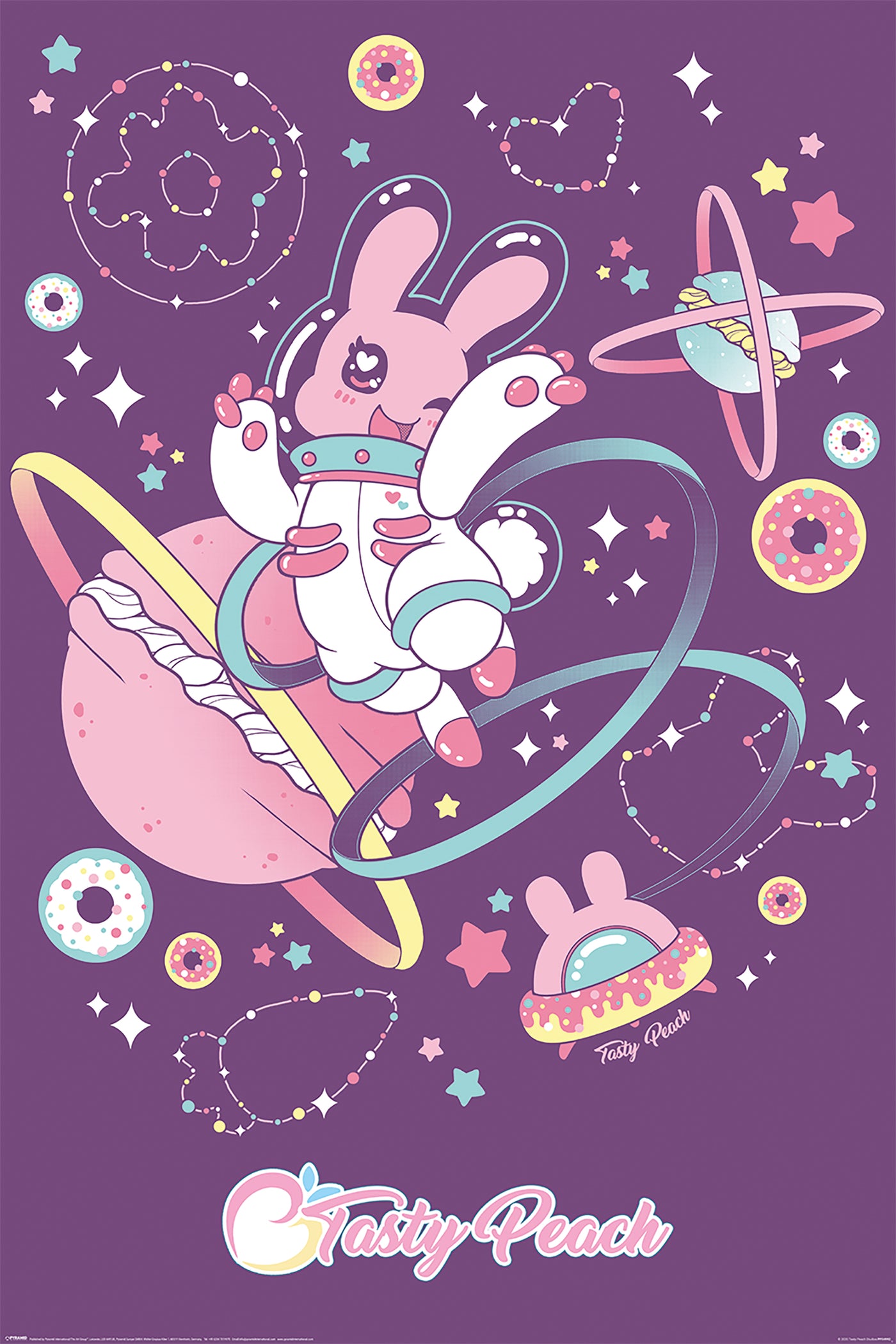 A cute cartoon bunny floats in space wearing an astronaut suit. The purple background features planets, stars, and constellations. The bunny is surrounded by colorful rings and shooting stars. Part of the Life & Humour Collection, this Cute Poster has "Tasty Peach Chirili" from KID 010 at the bottom and is perfect for Large Regular Posters.