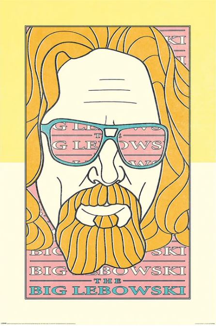 A stylized illustration of a long-haired, bearded man in sunglasses reflects the text "The Big Lebowski" in a colorful retro design from MTV's Cult Movie Poster series, featuring the film's title as a background pattern.